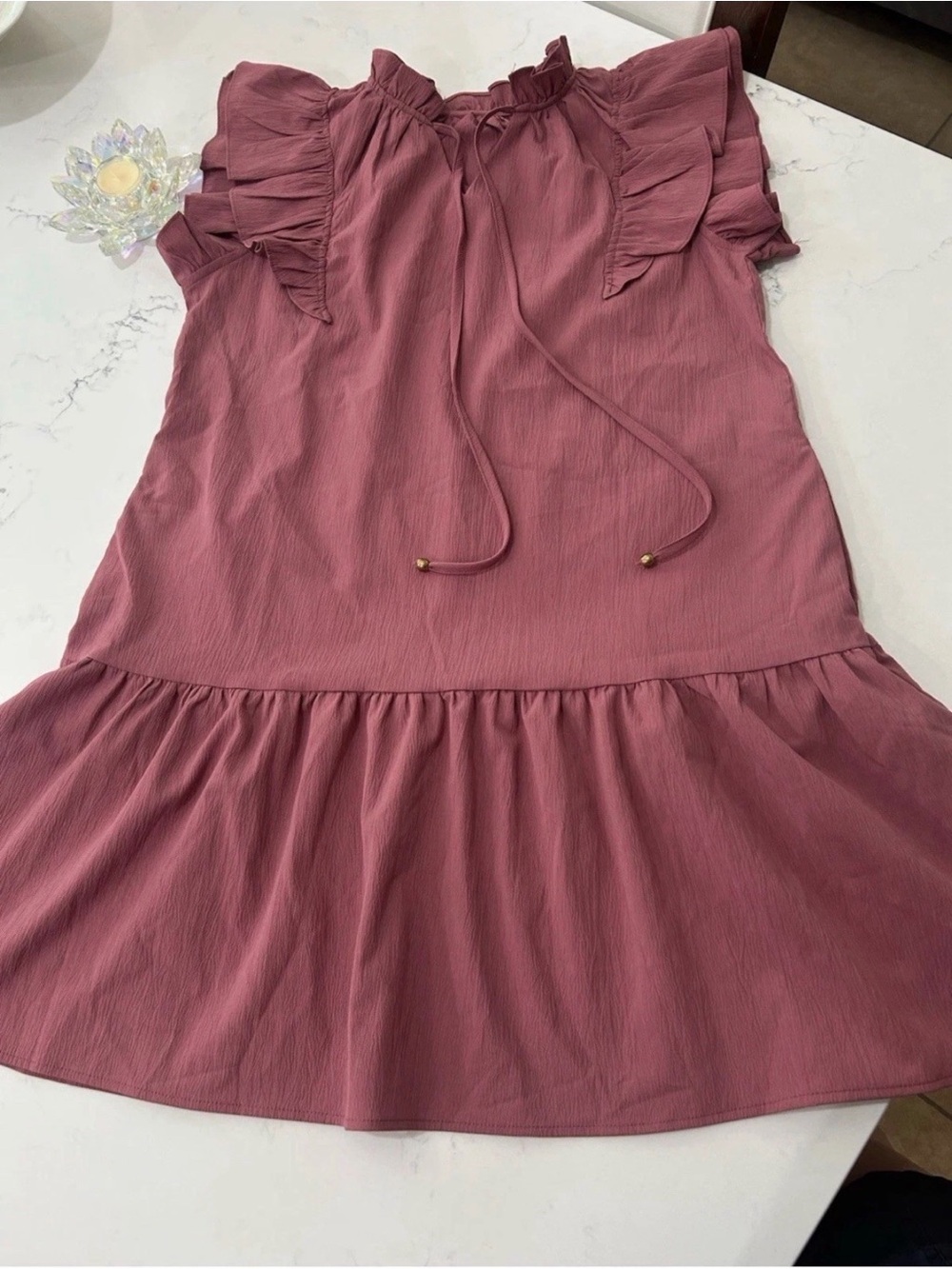 Mauve Ruffle Sleeve Tiered Mini Dress V-Neck Tie Front Size M